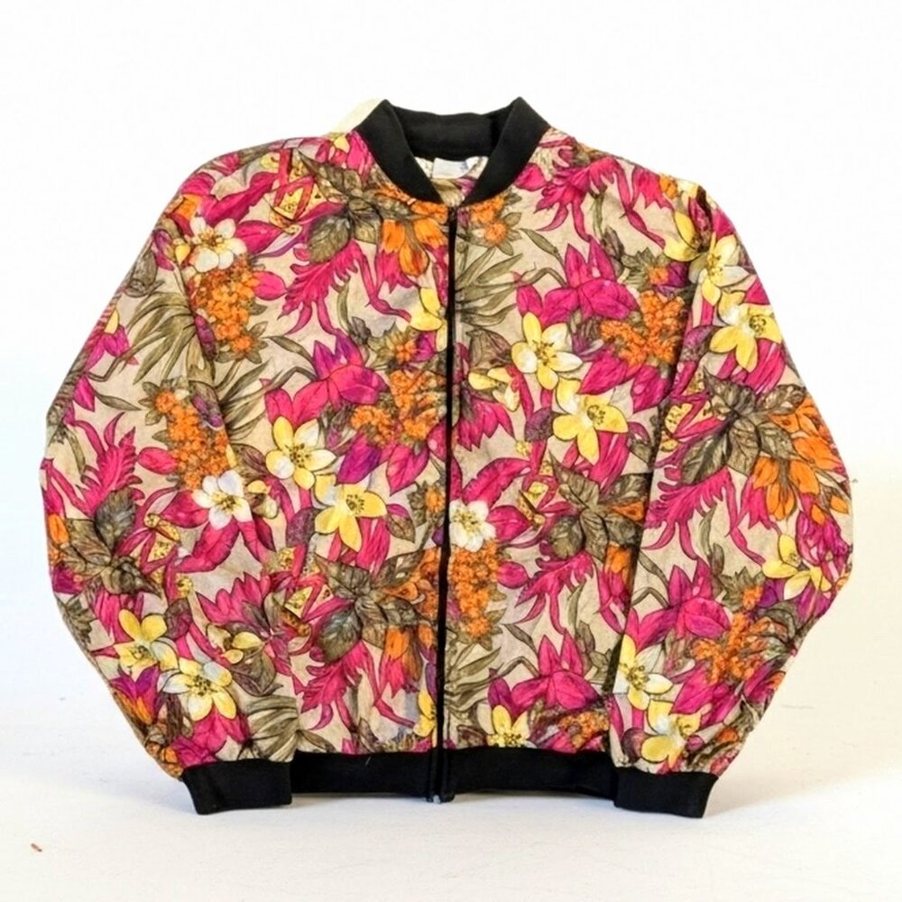 Vintage California Impressions Tropical Floral Satin Bomber Jacket SZ M